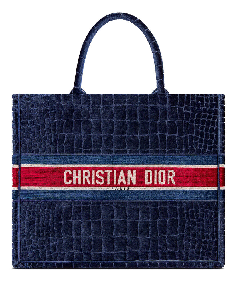 Christian Dior Book Tote Crocodile-Effect Embroidered Velvet Canvas Dark Blue